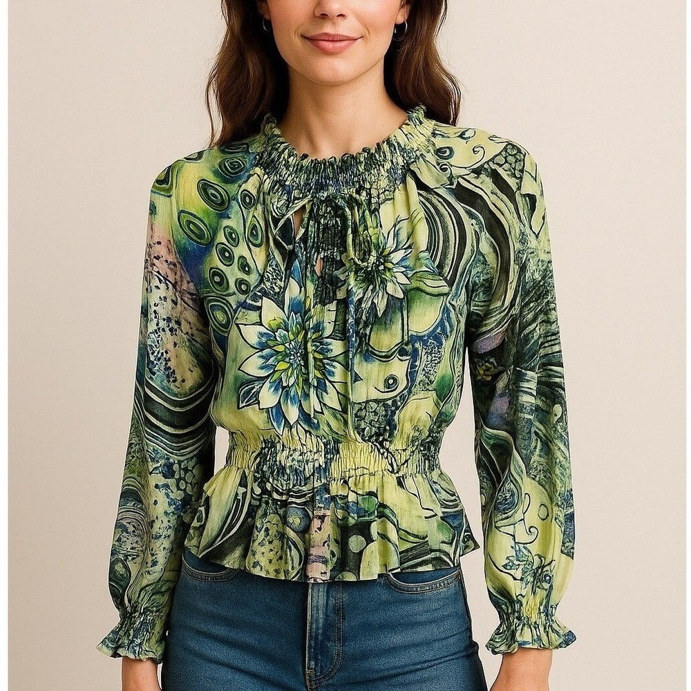 Mashada Sienna Rose Sheer Blouse Smocked Neck Floral Print Long Sleeve Small